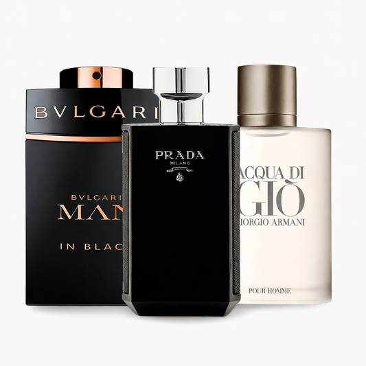 Combo di 3 profumi: Bvlgari Man in Black, Acqua di Giò di Giorgio Armani, L’Homme Prada Intense da 100 ml