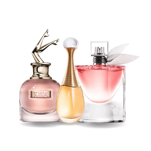 Combo di 3 profumi: Scandal di Jean Paul Gaultier, J’adore di Dior e La Vie Est Belle di Lancôme da 100 ml