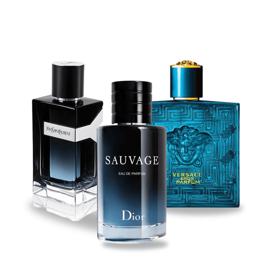 Combo di 3 profumi: Sauvage di Dior, Y Men di Yves Saint Laurent e Eros di Versace da 100 ml